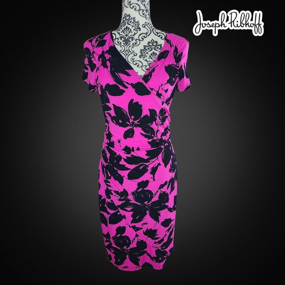 Joseph Ribkoff Hot Pink and Black Floral Wrap-Style Dress